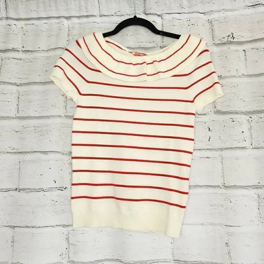 Mod Cloth Women's White Knit Striped Ruffle Short Sleeve Top Size Extra Small